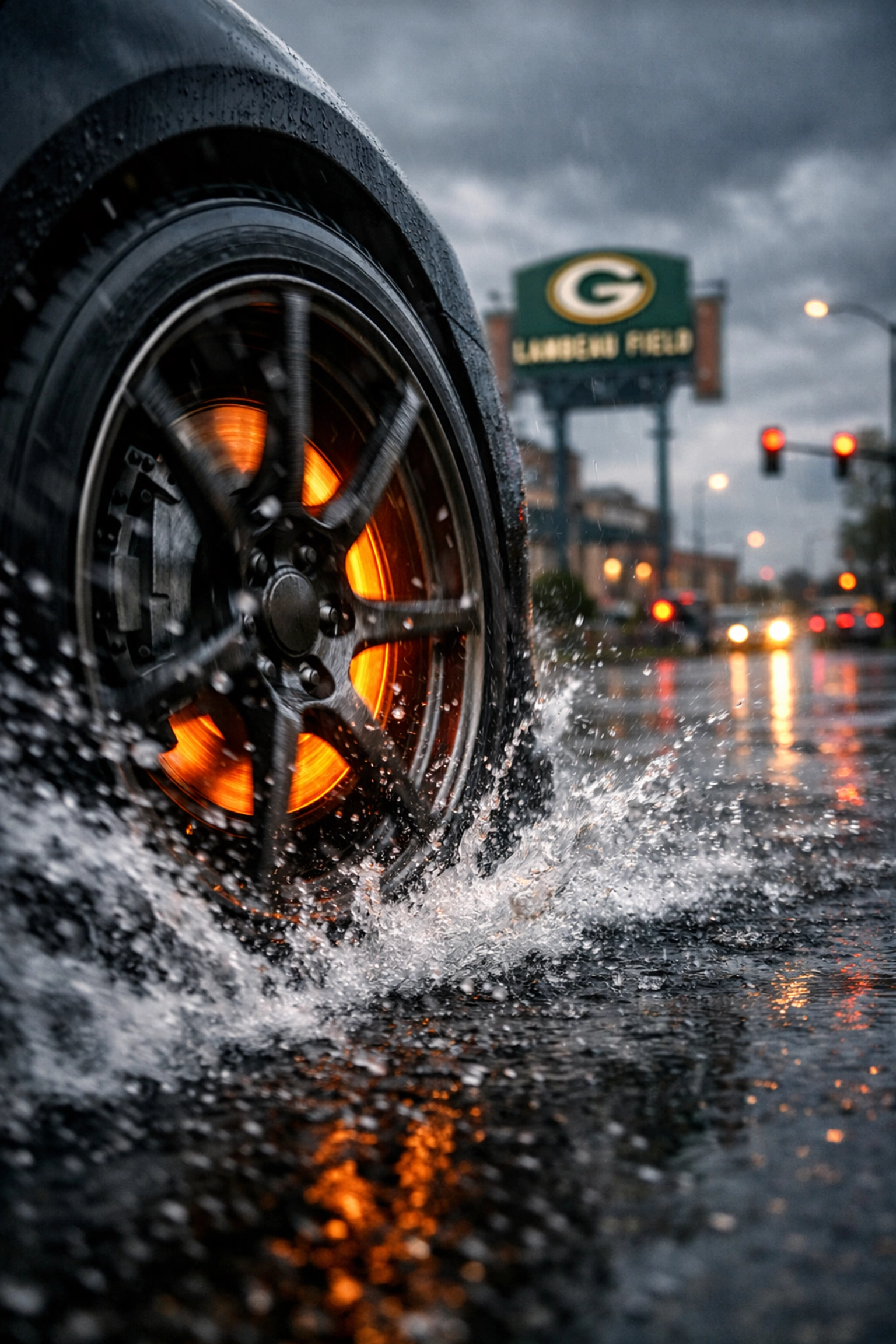 Close-up of a car wheel and brakes on a wet road, highlighting the need for local Green Bay auto repair.