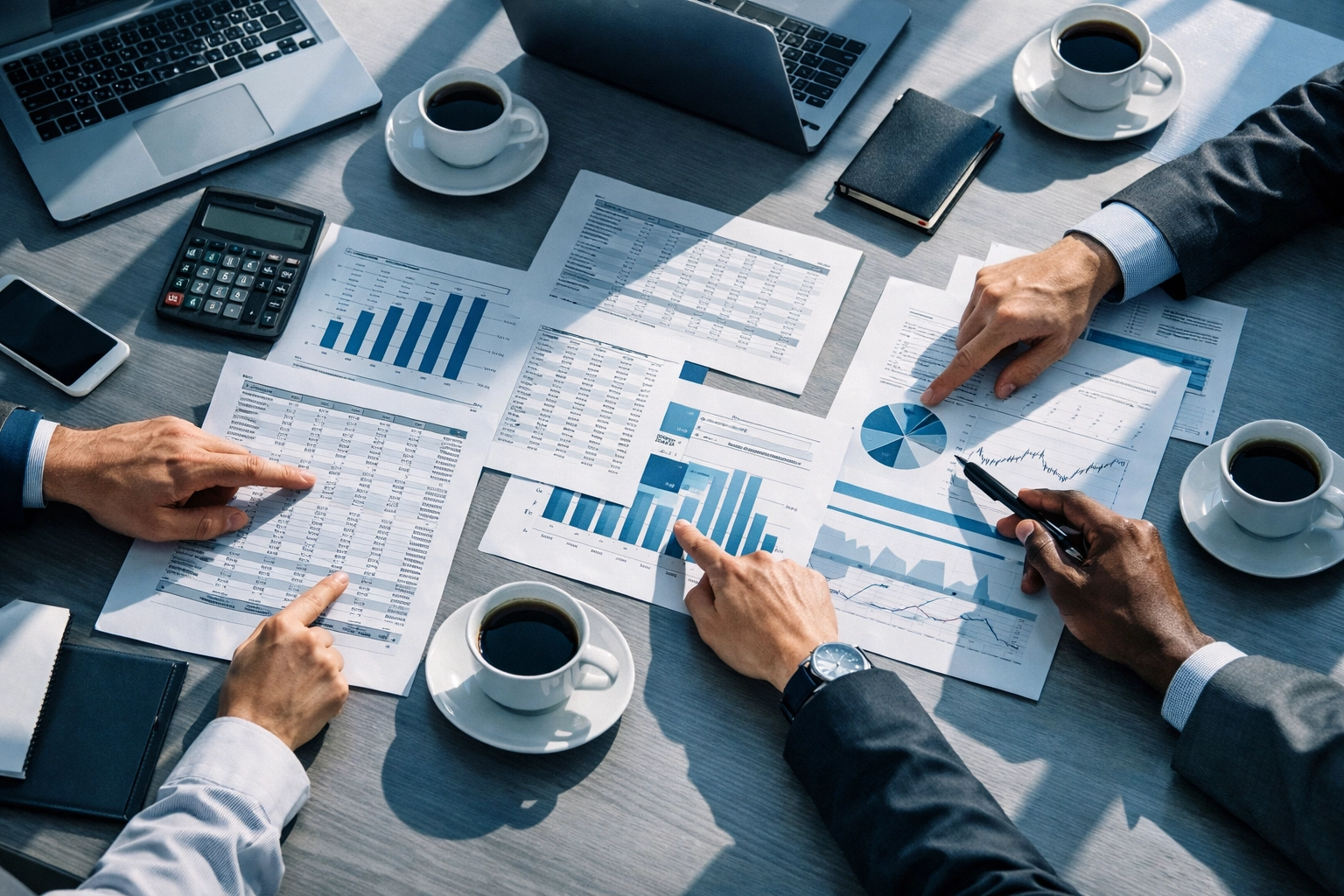 Business acquisition team reviewing financial documents during NC business sale meeting