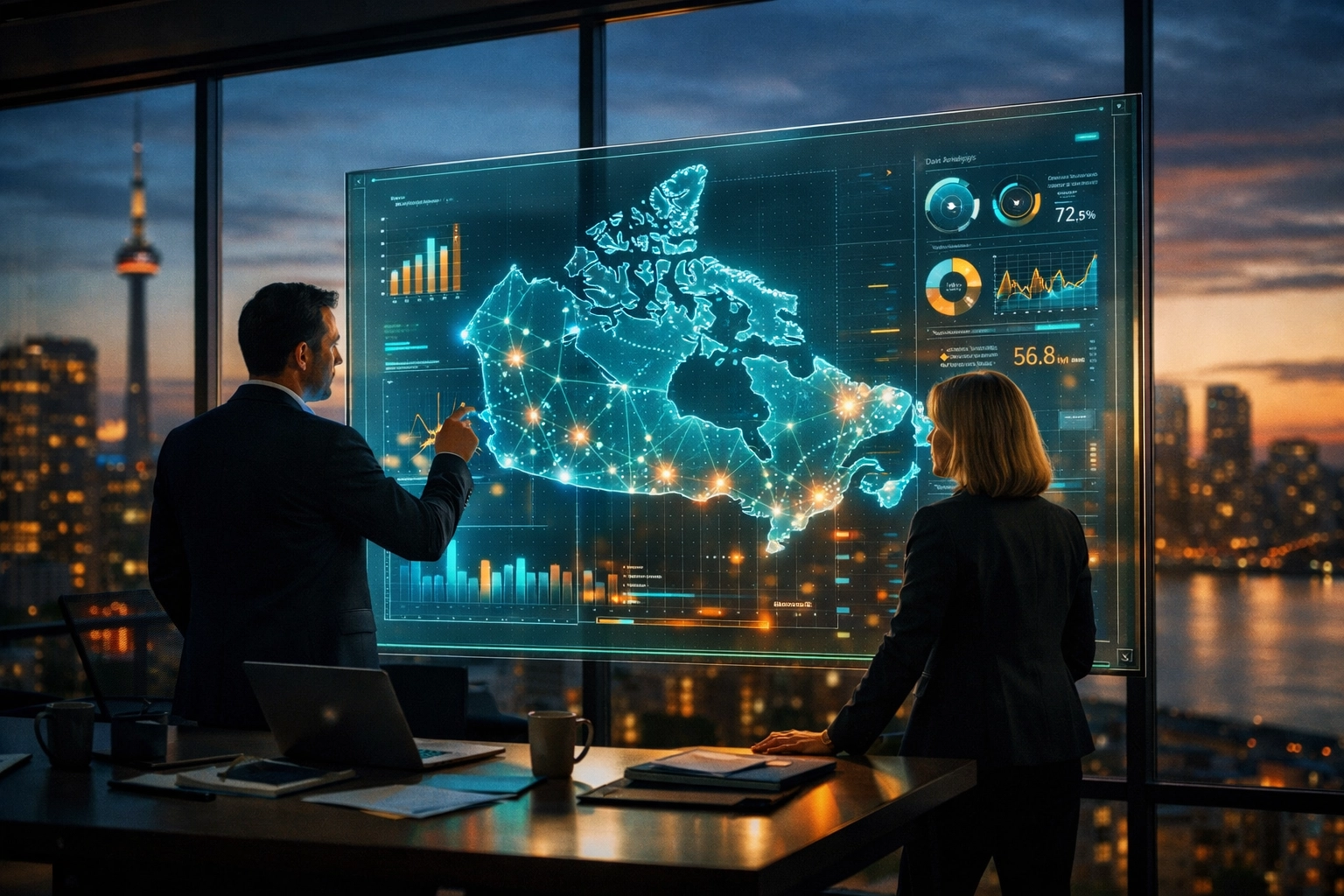 Modern office team viewing a digital map of cloud call center network connections across Canada.