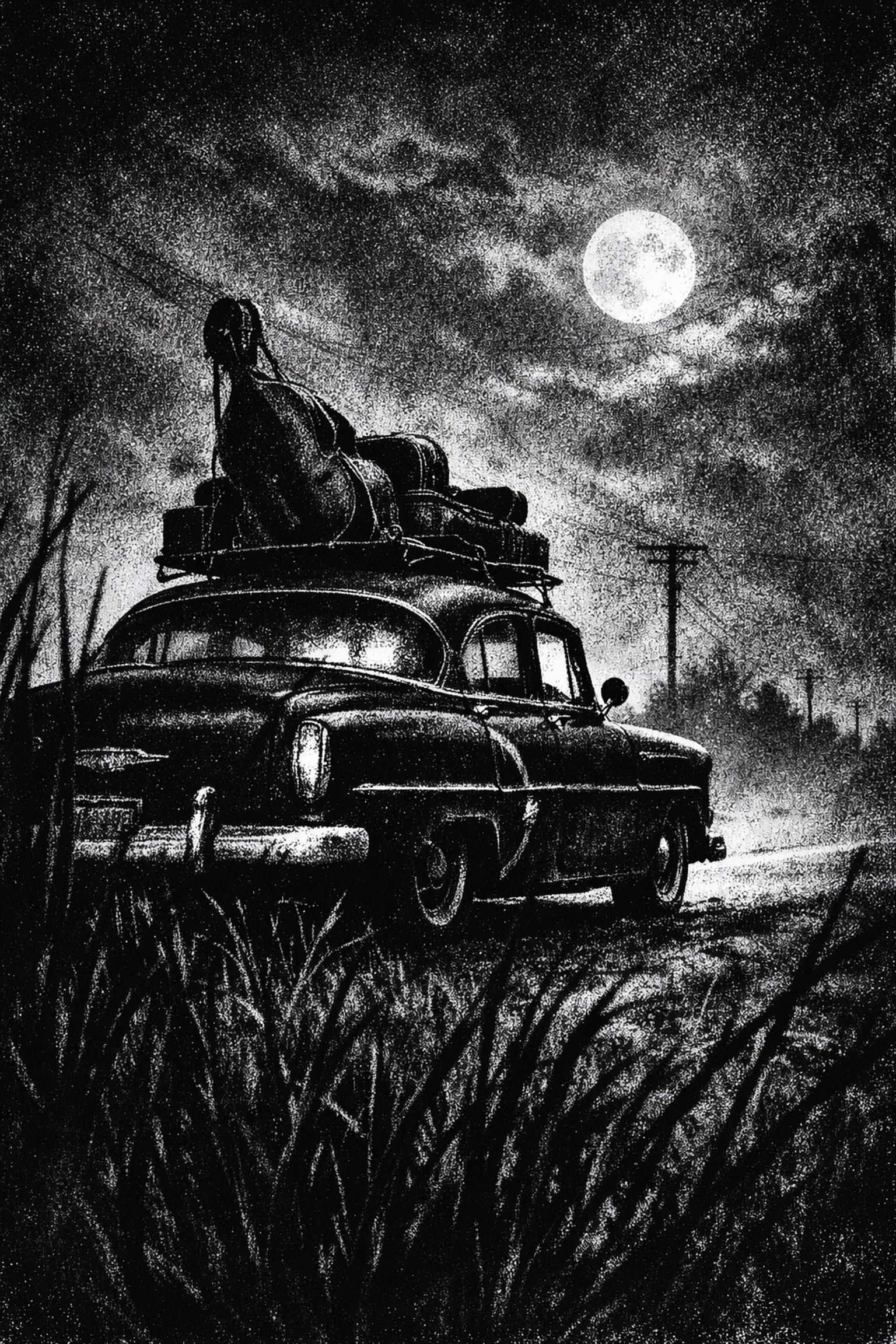 A 1950s touring car on a dark highway with a double bass and guitar cases on the roof.