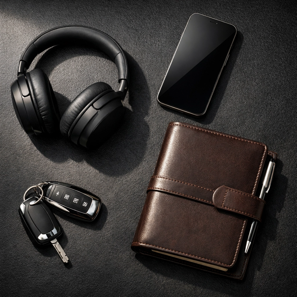 Top-down view of executive travel essentials for high-stakes corporate logistics and trip planning.