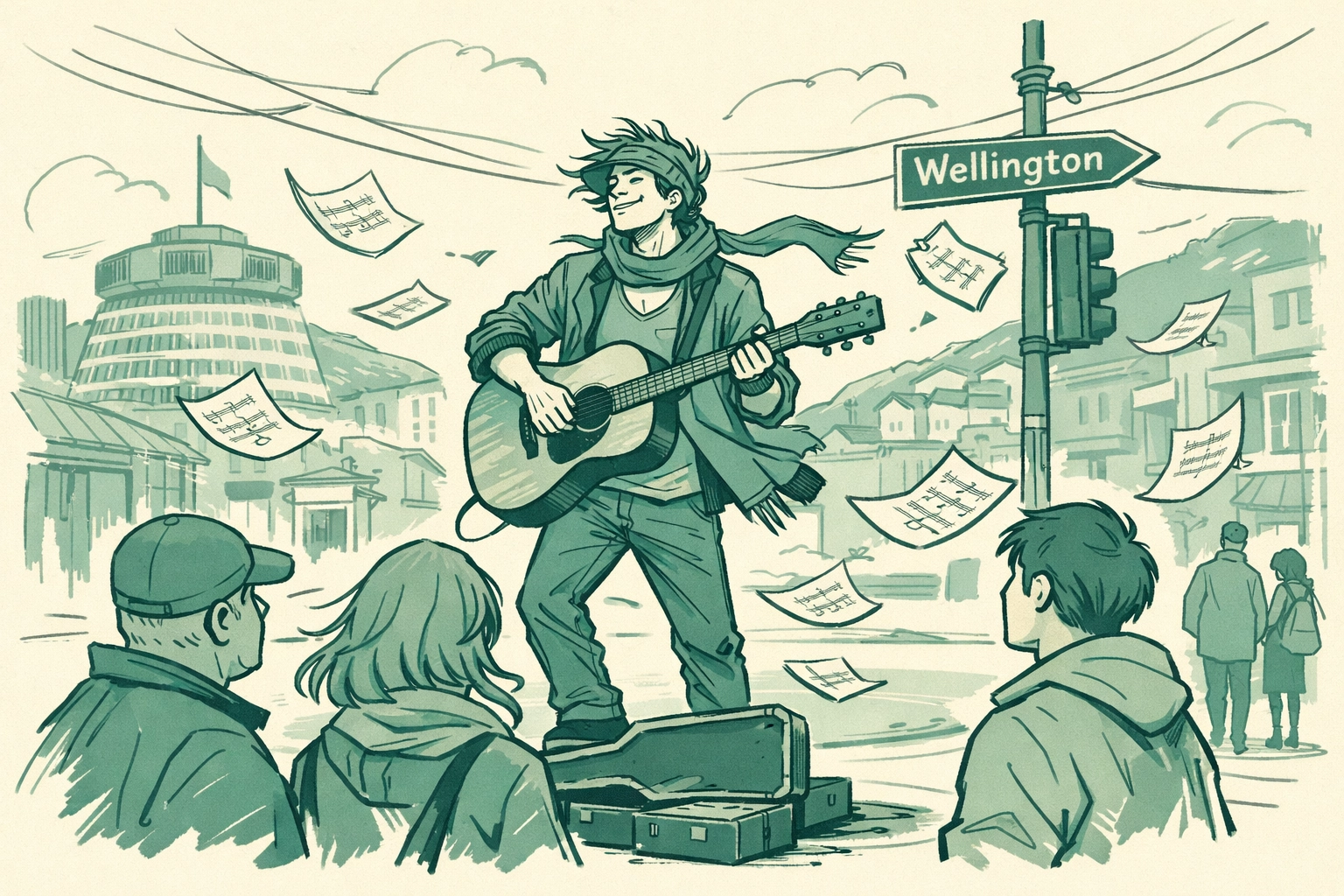 Street musician performing in windy Wellington - LGBTQ+ artist guitar New Zealand urban romance