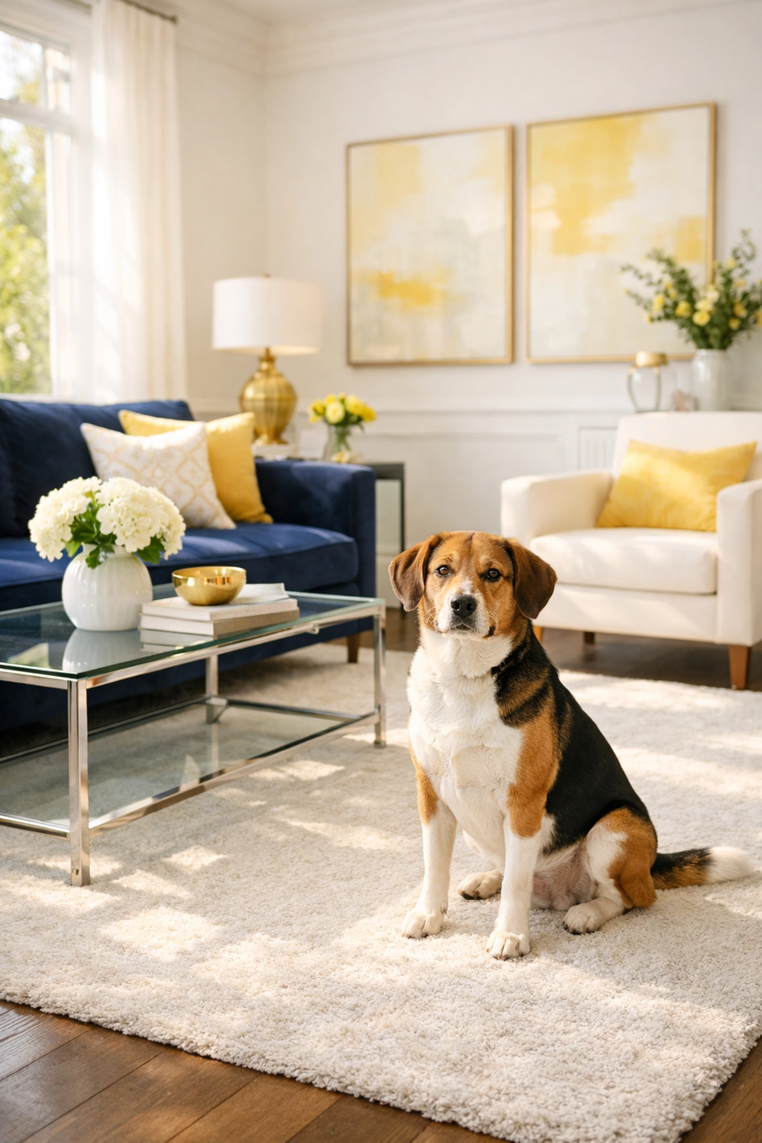 Clean living room with a pet, highlighting how pets and household activity affect house cleaning price.