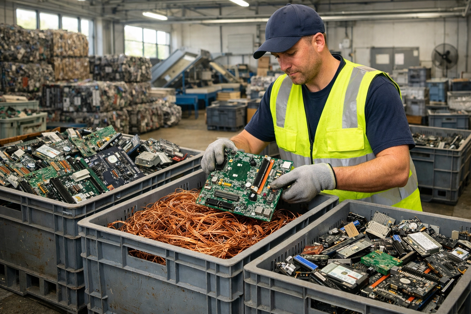 IT recycling professionals sorting electronic components at a UK-based processing facility.
