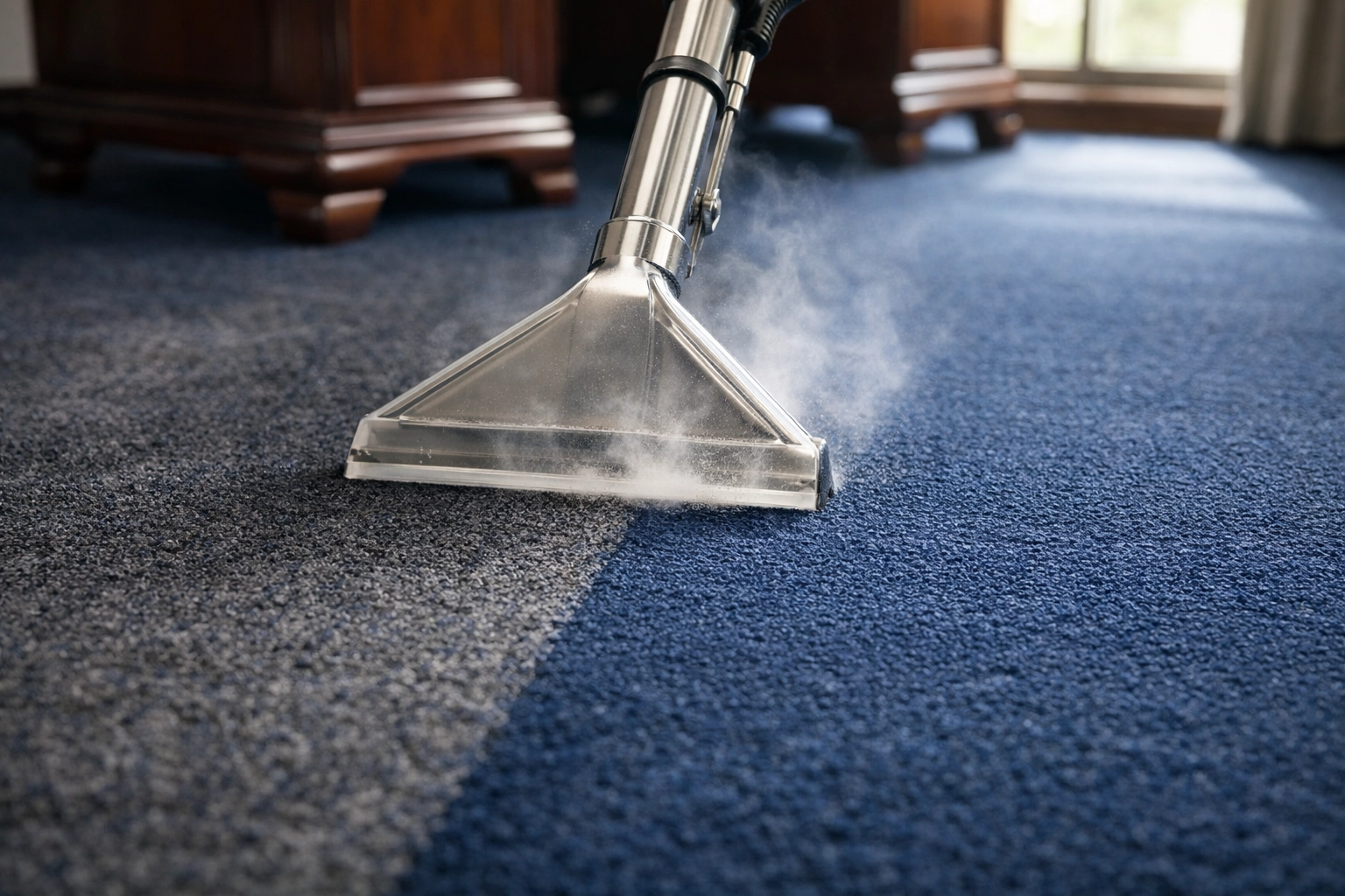 Deep commercial carpet cleaning showing the difference between soiled and professionally cleaned fibers.