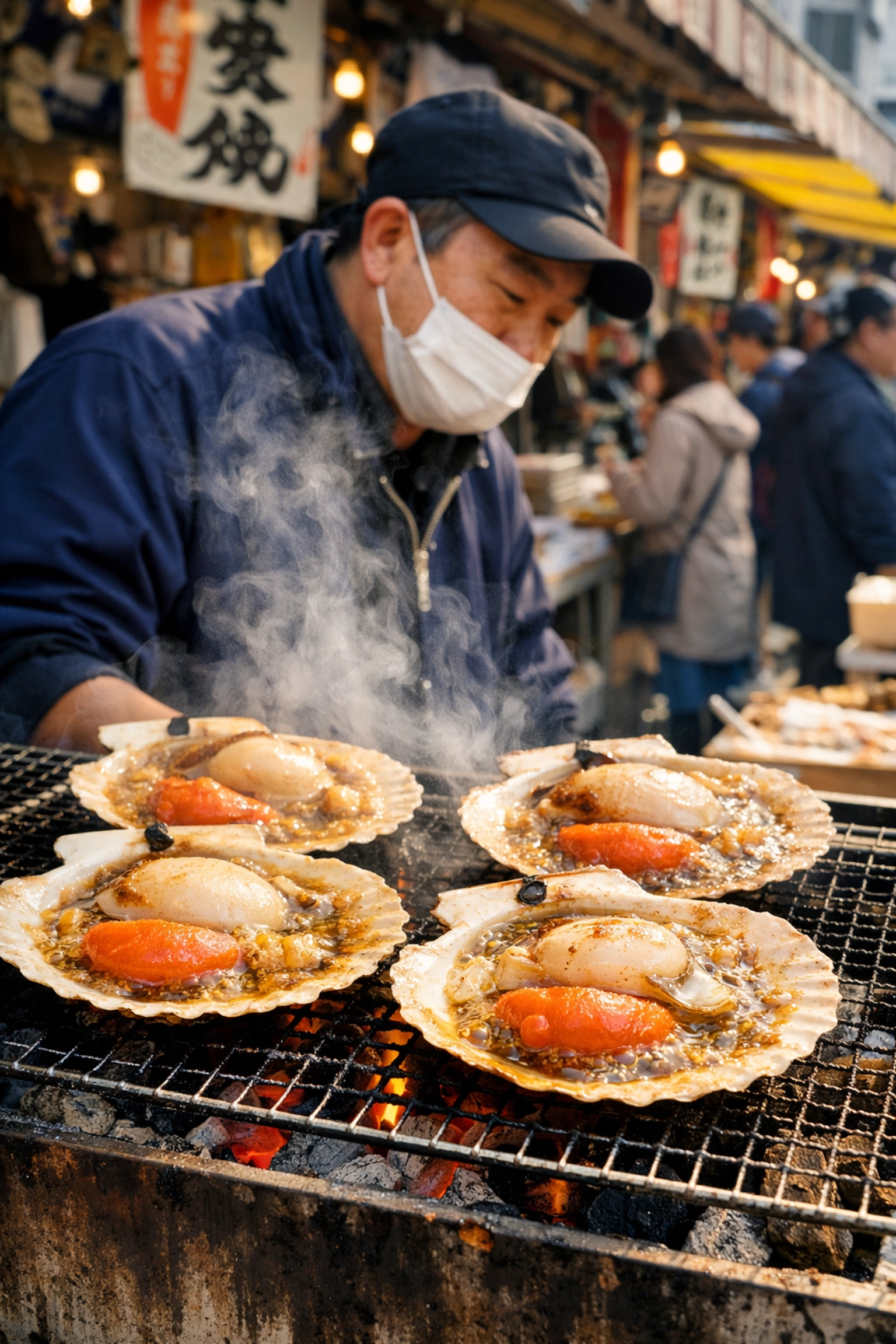 Grilled scallops at Tsukiji Outer Market, a must-visit photo spot for food photography enthusiasts.