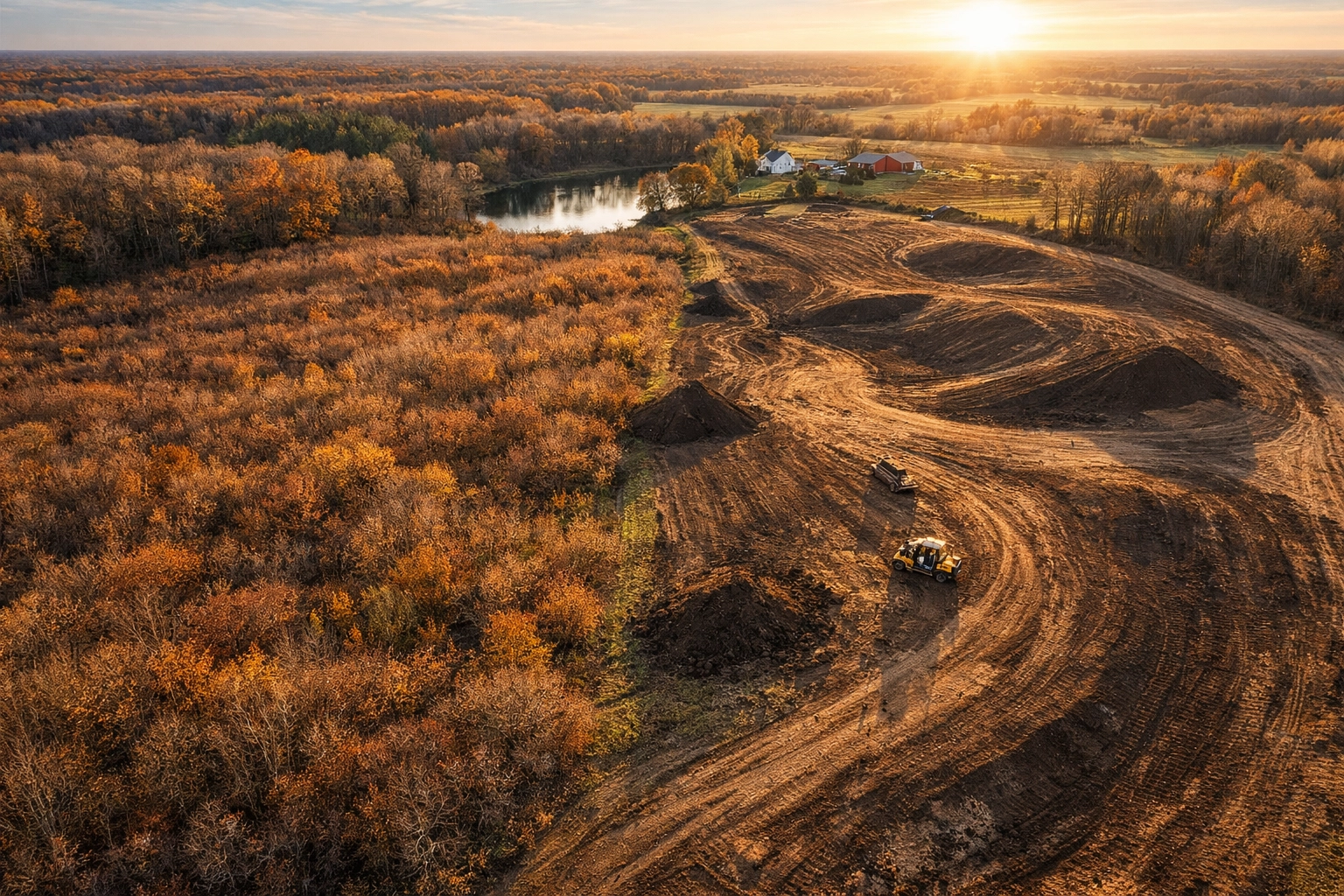 Professional land clearing on a Michigan property showing reclaimed soil next to dense overgrown brush.