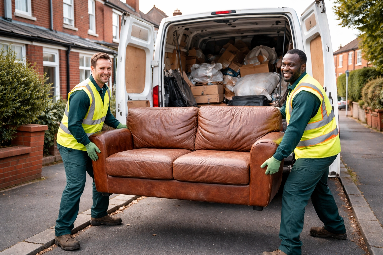 Bulk waste collection team loading an old sofa into their van for responsible Northamptonshire disposal