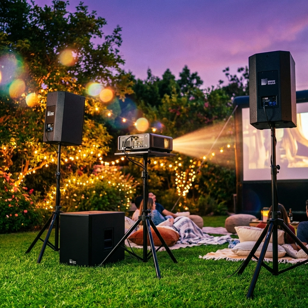 Outdoor movie night audio and projector setup with speakers on stands and festive string lighting at dusk