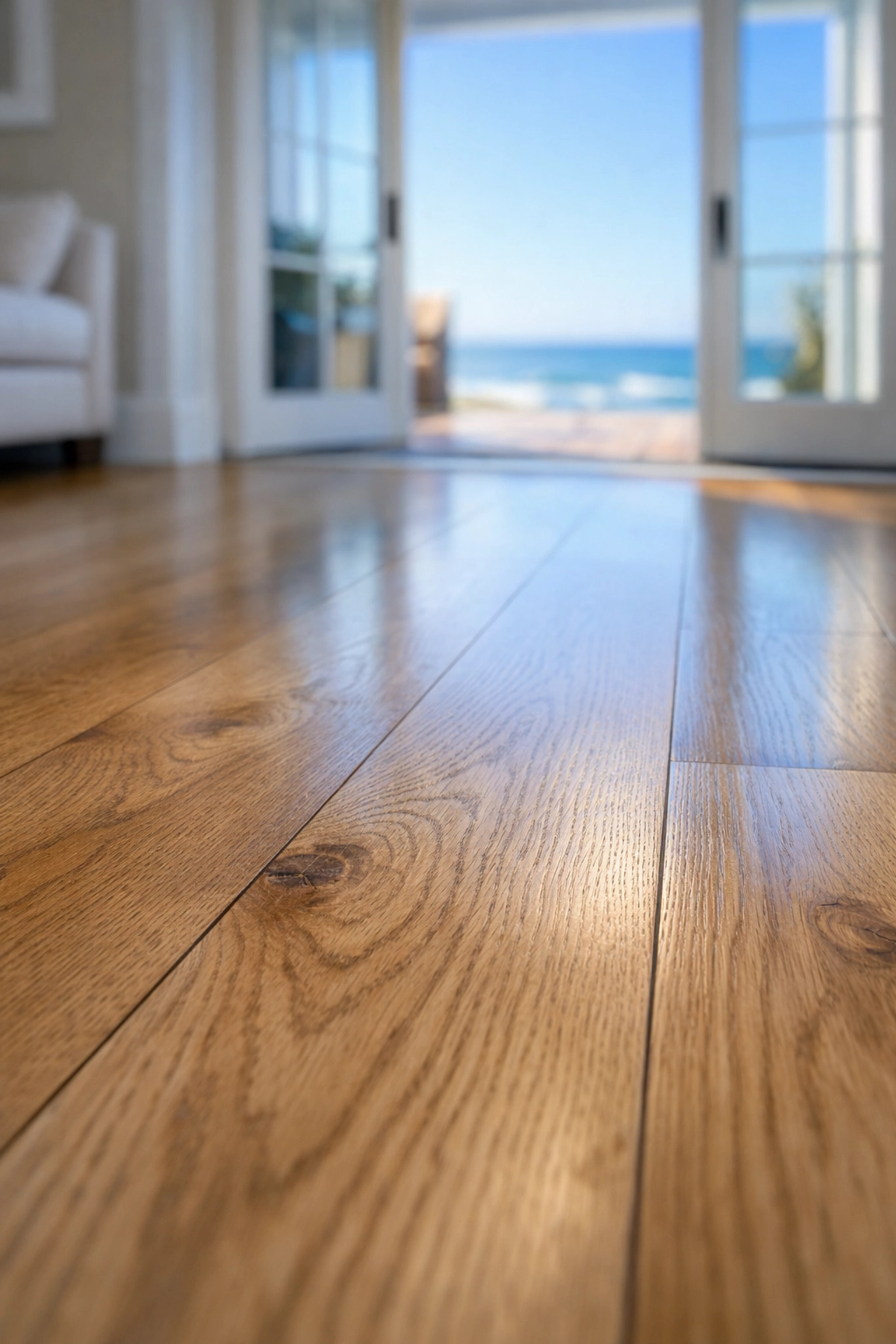 Detailed view of clean hardwood floors in a Woods Hole home after eco-friendly residential cleaning.