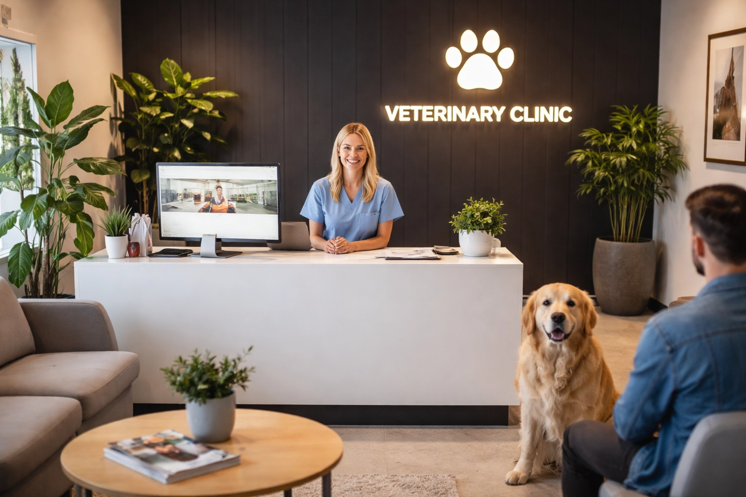 Modern Brisbane vet clinic reception with friendly staff and a calm golden retriever waiting, illustrating welcoming pet care.