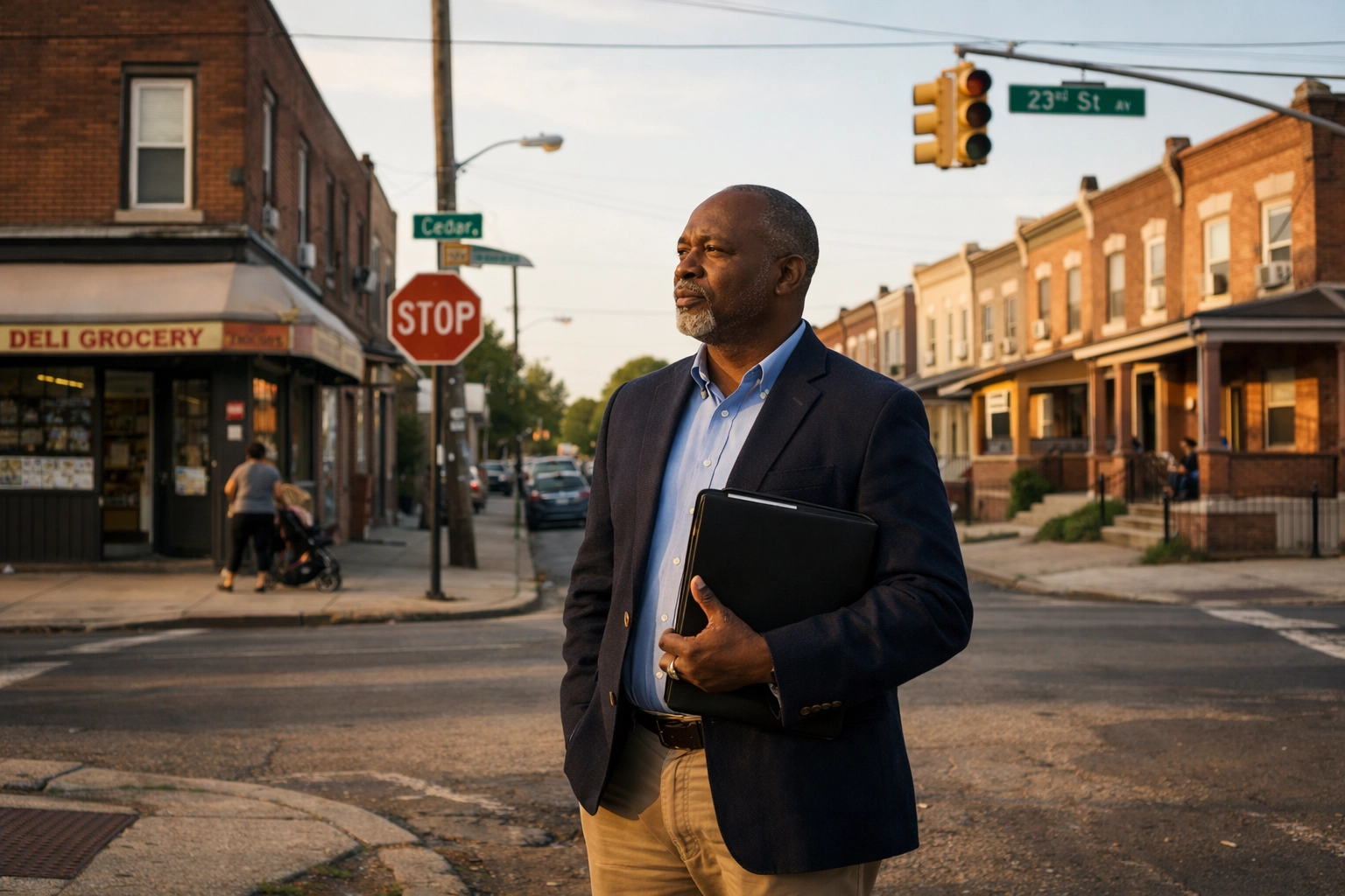 Community leader assessing urban neighborhood systems and infrastructure for development planning