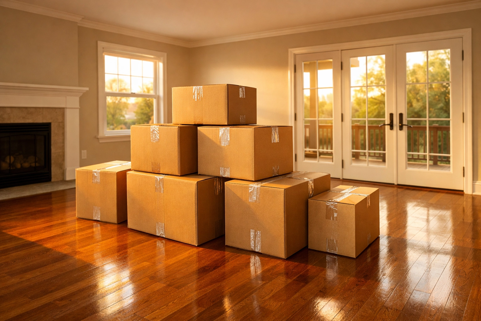 Cardboard moving boxes in an empty living room after a fast cash sale for a house in Nashville.