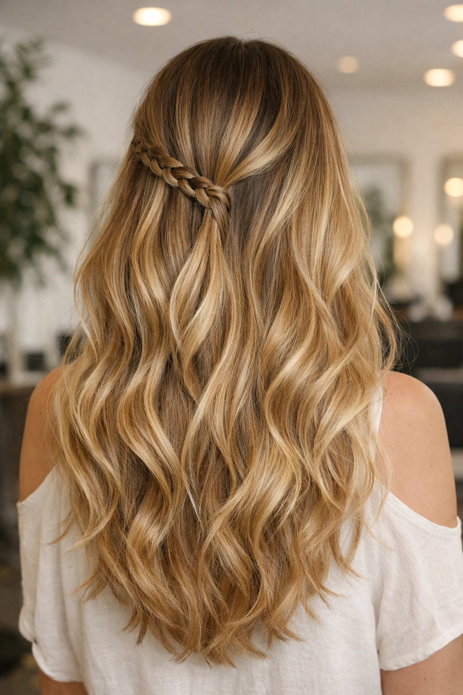 Stunning lived-in blonde balayage with a boho braid at our hair salon in Concord NH.