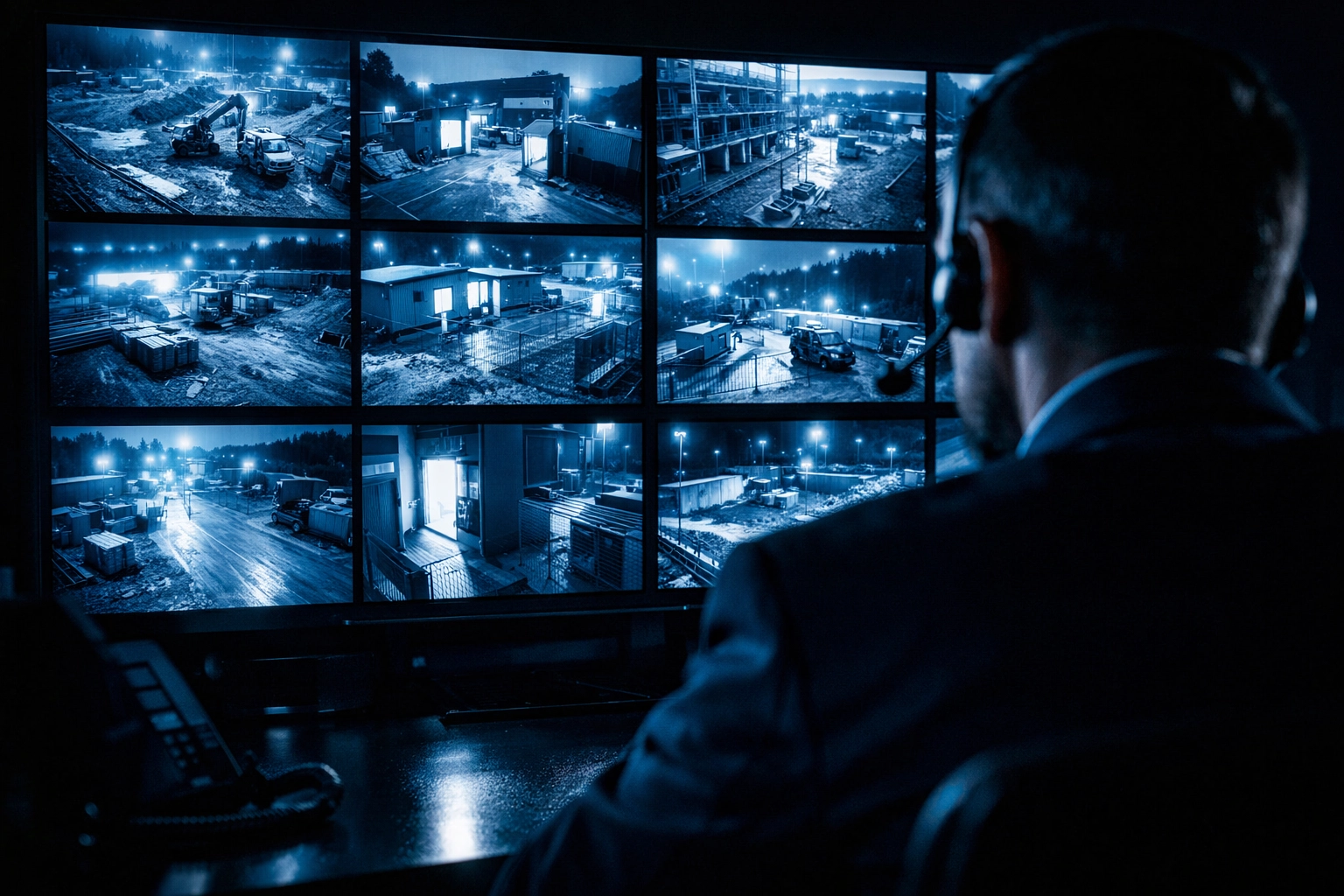 Security monitors displaying multiple CCTV camera feeds from construction site surveillance system