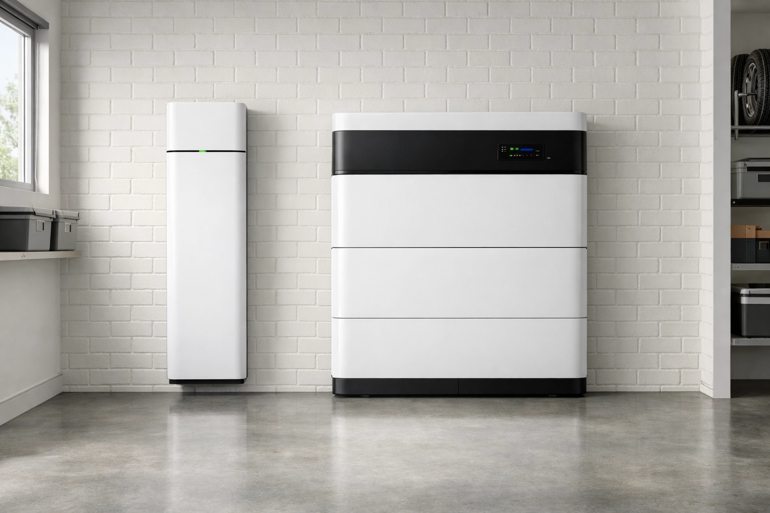 Two premium home energy battery storage systems installed side-by-side in a modern utility room.