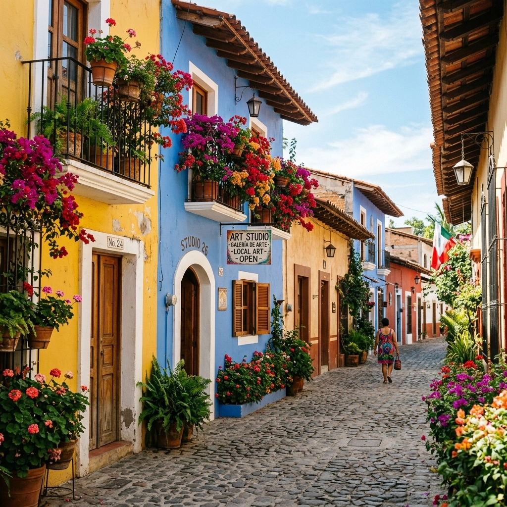 A narrow side street in Old Town with bright houses and flowers