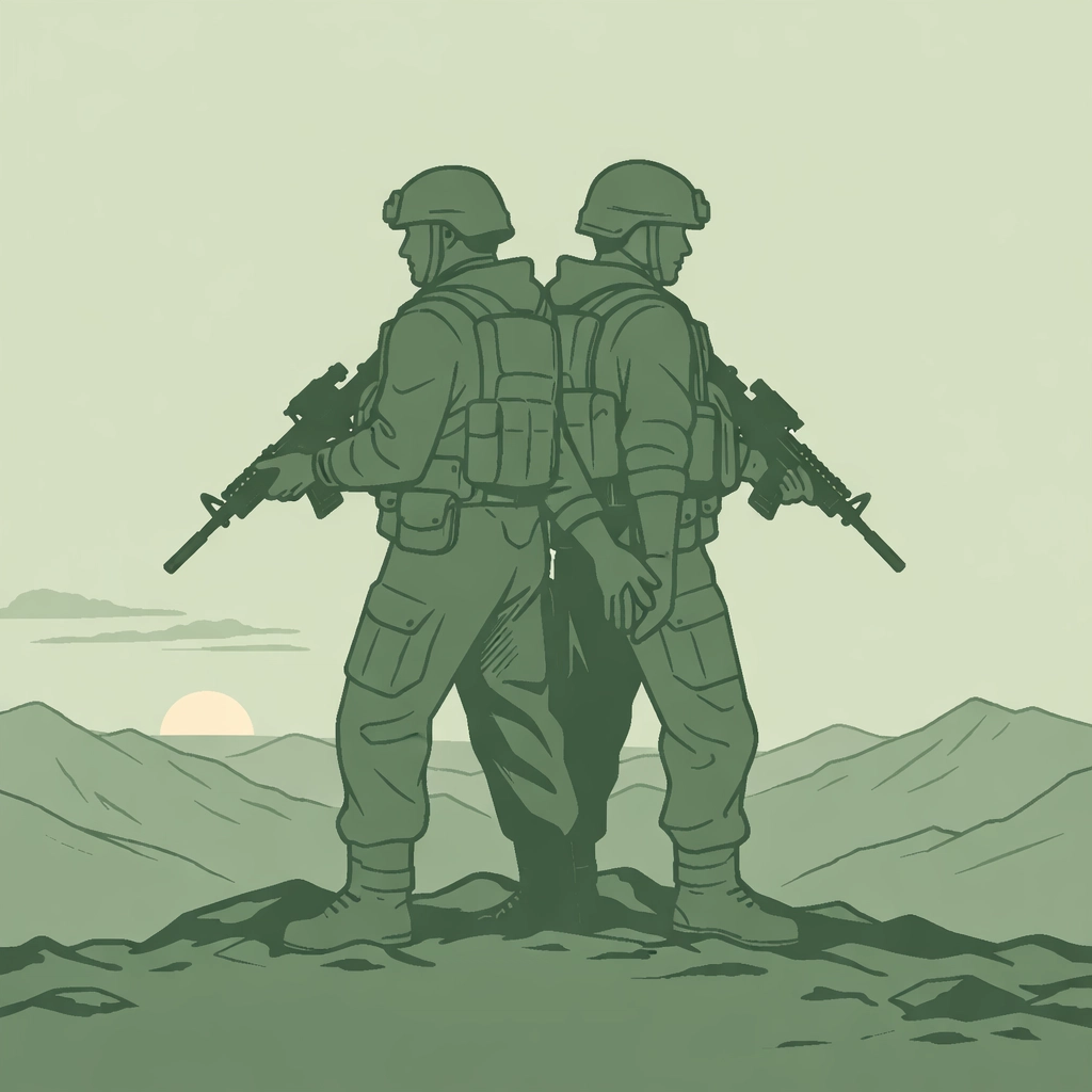 Elite soldiers standing back-to-back symbolizing tactical partnership and forbidden love
