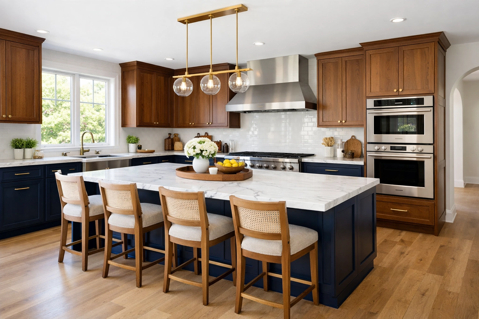 Luxury custom kitchen with navy blue cabinets and a marble island from a top Minnesota cabinet maker.