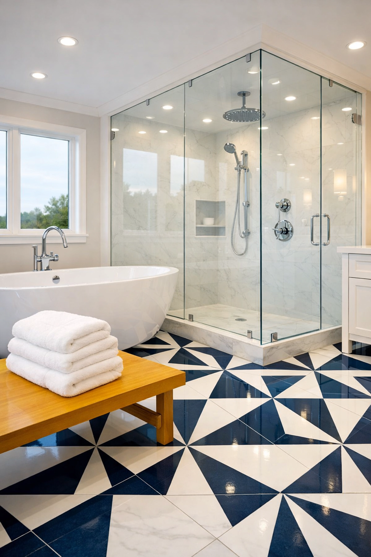 Move-in ready master bathroom in Hudson with sparkling fixtures after a deep post construction cleaning.