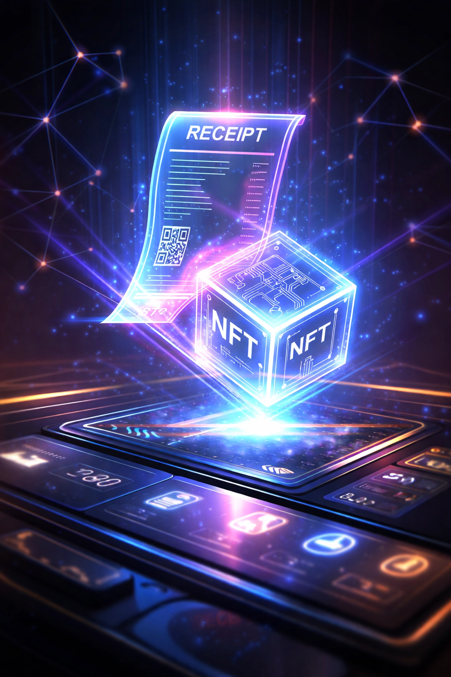 Holographic NFT receipt representing crypto payments and automated accounting for Web3 merchants