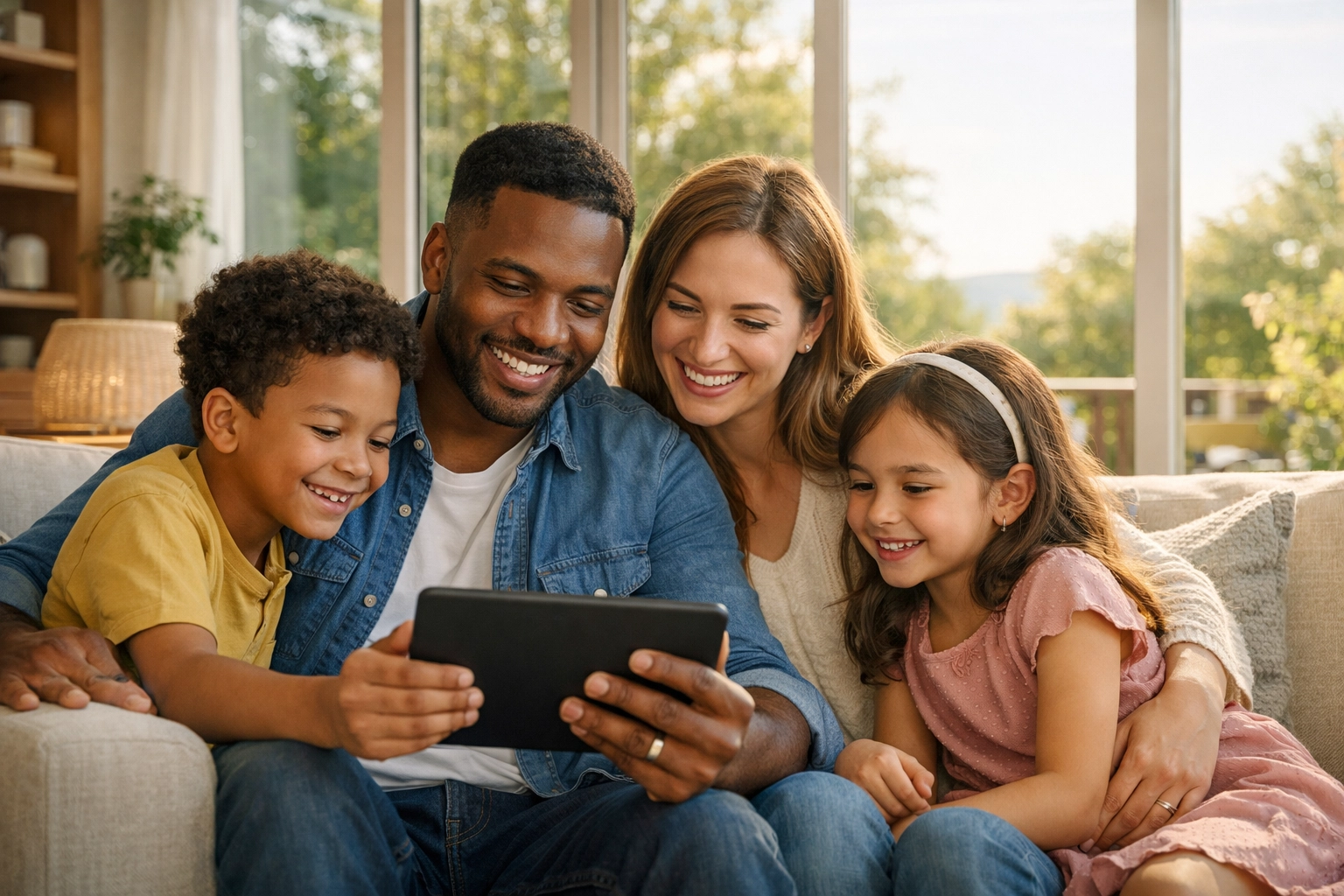 A happy family connects with their global online church community through a tablet in a sunlit living room.