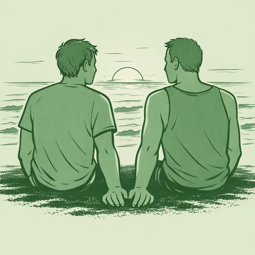 Gay couple sitting together on Batu Belig Beach finding emotional connection at sunset