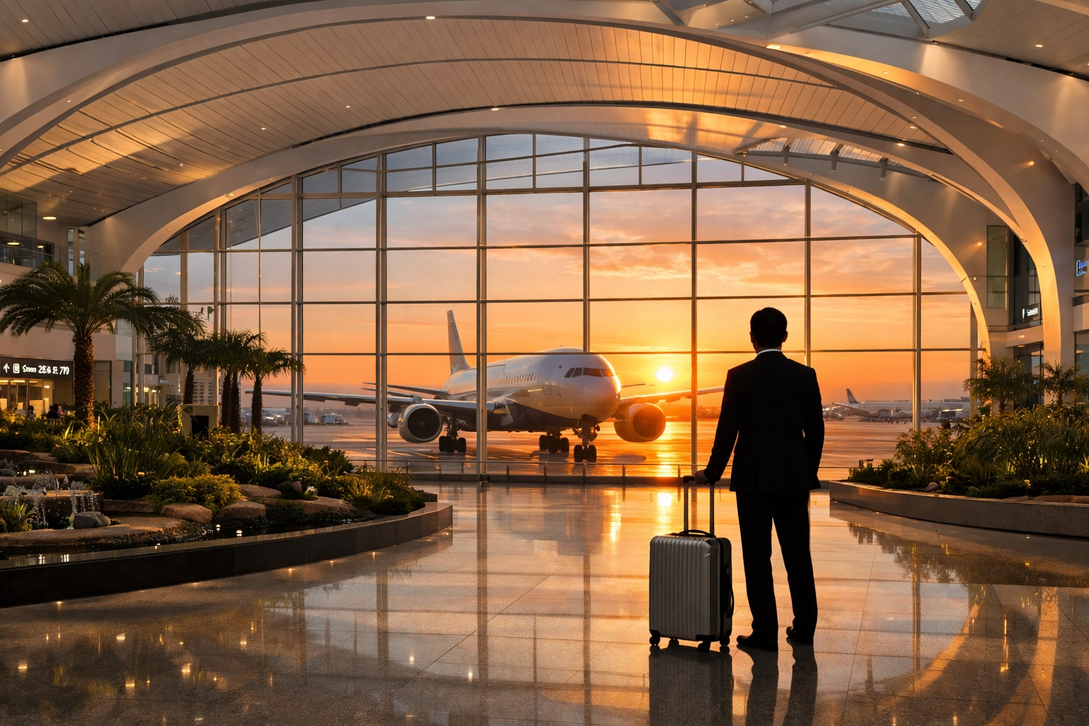 Traveler at Incheon Airport at sunrise, arriving in South Korea to synchronize with current KST time.