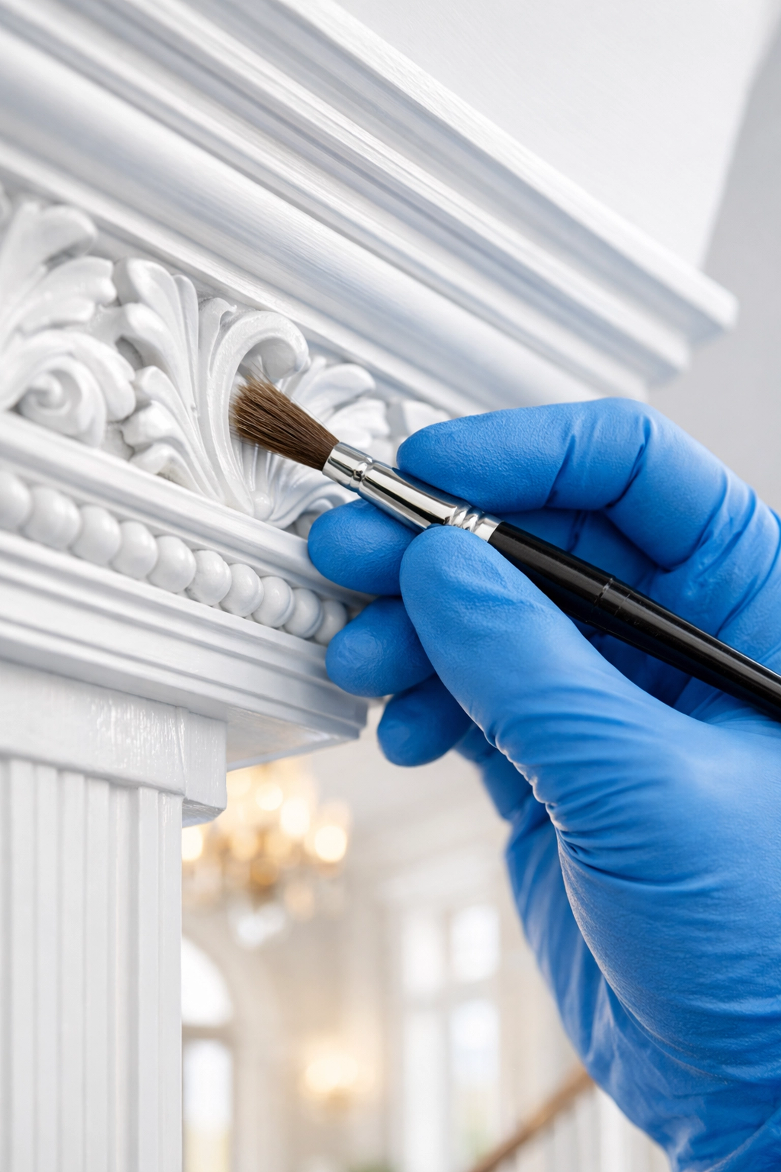 Professional deep cleaning services Newton MA detailing dust from historic white crown molding.