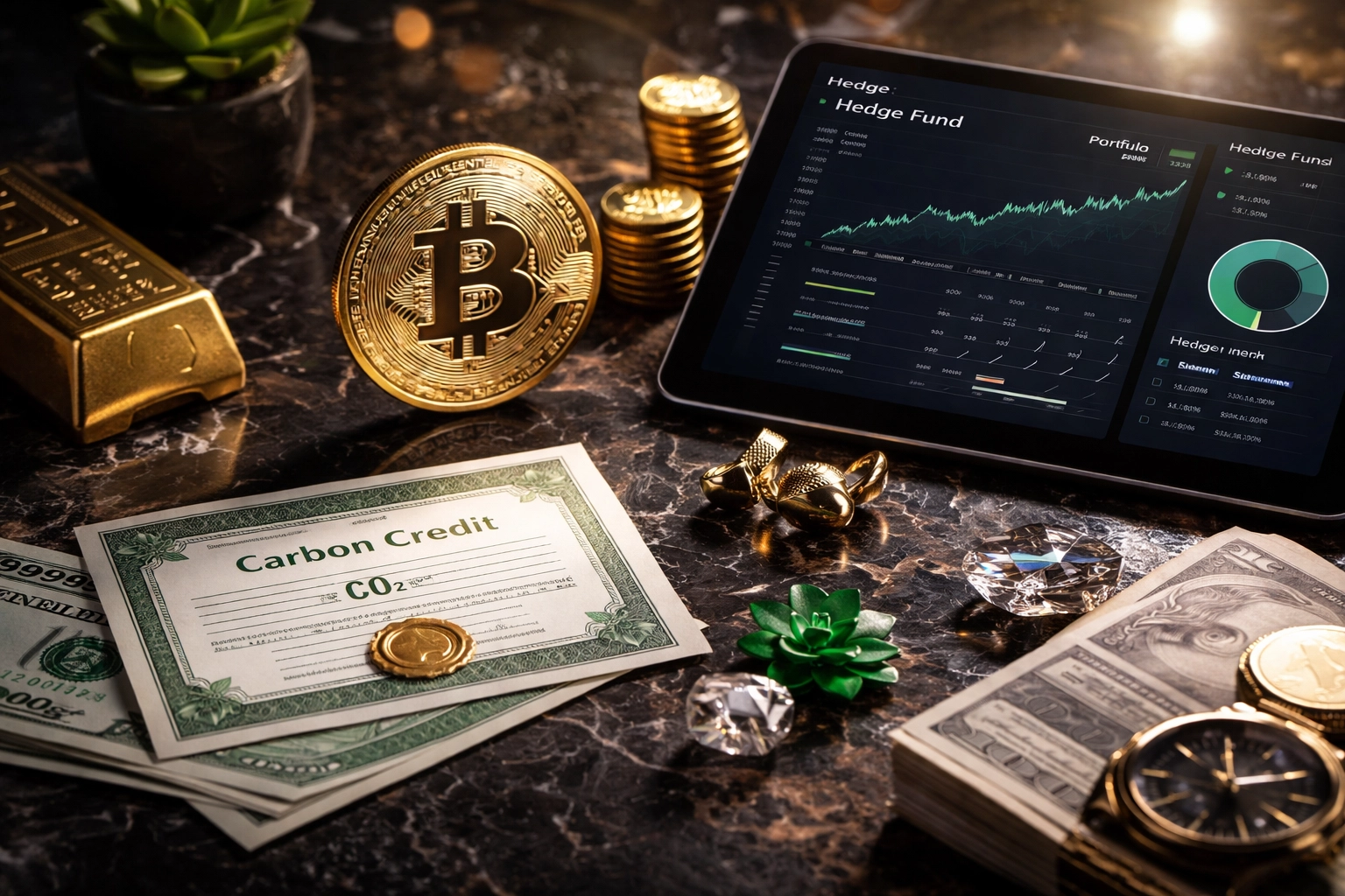 Collection of alternative investment assets like Bitcoin, carbon credits, and hedge fund charts for diversified portfolios