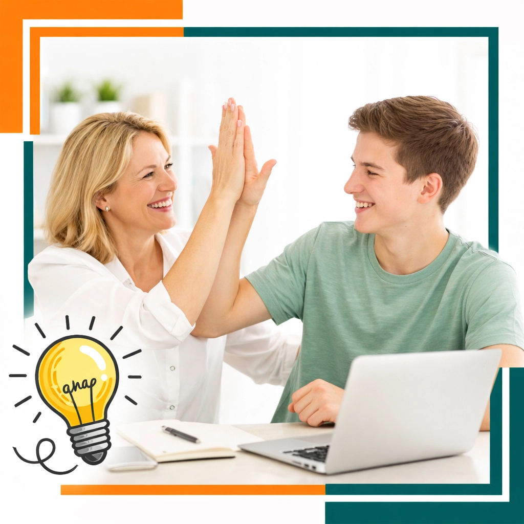 A mother and teenage son high-fiving, celebrating growth in financial literacy and life skills.