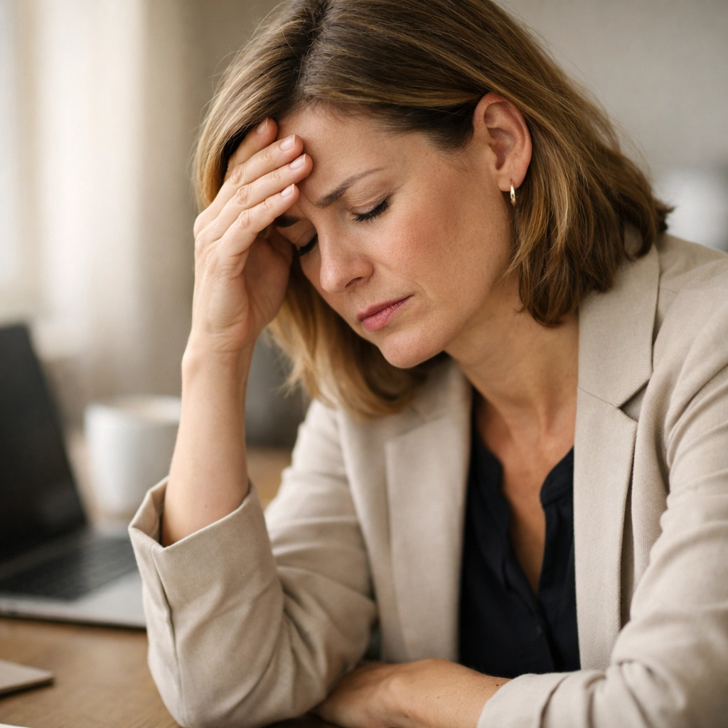 Professional woman experiencing perimenopause anxiety and overwhelm at work desk