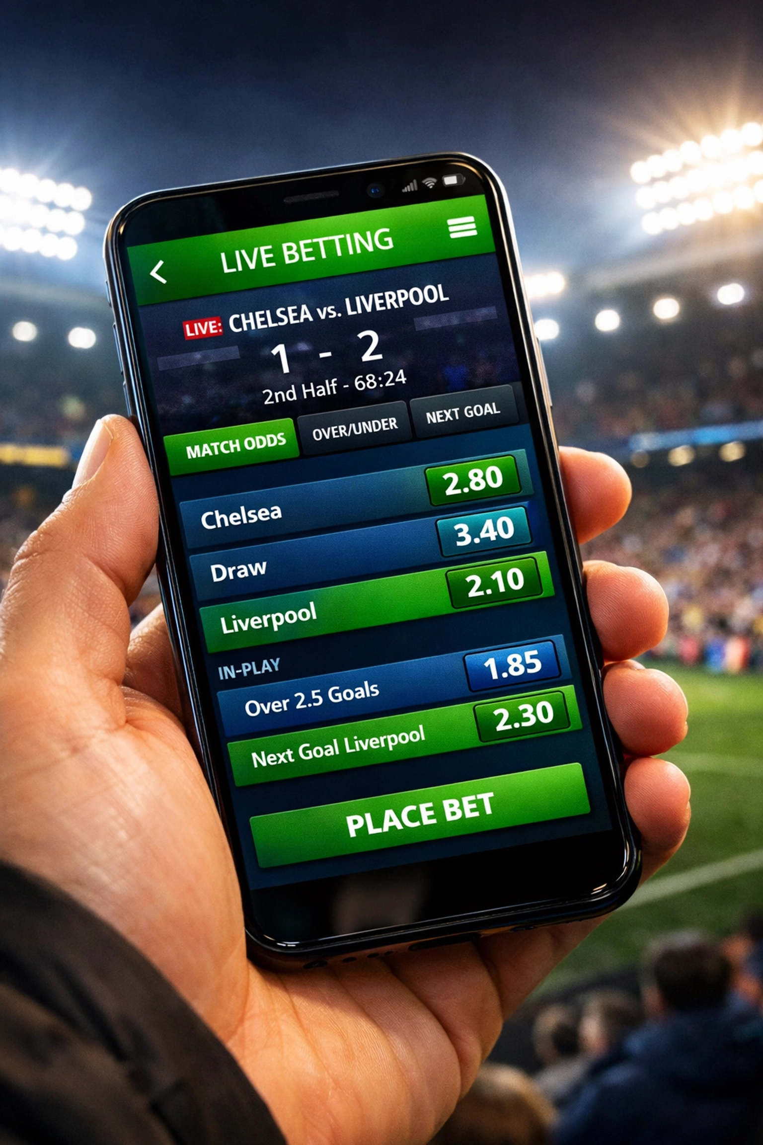 Mobile Sportwetten-App mit Live-Fußball-Quoten im Stadion