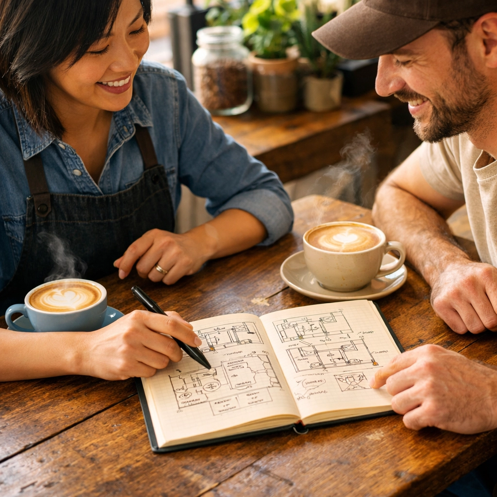 Café owners discussing shop layouts and wholesale coffee supply over lattes at a wooden table.