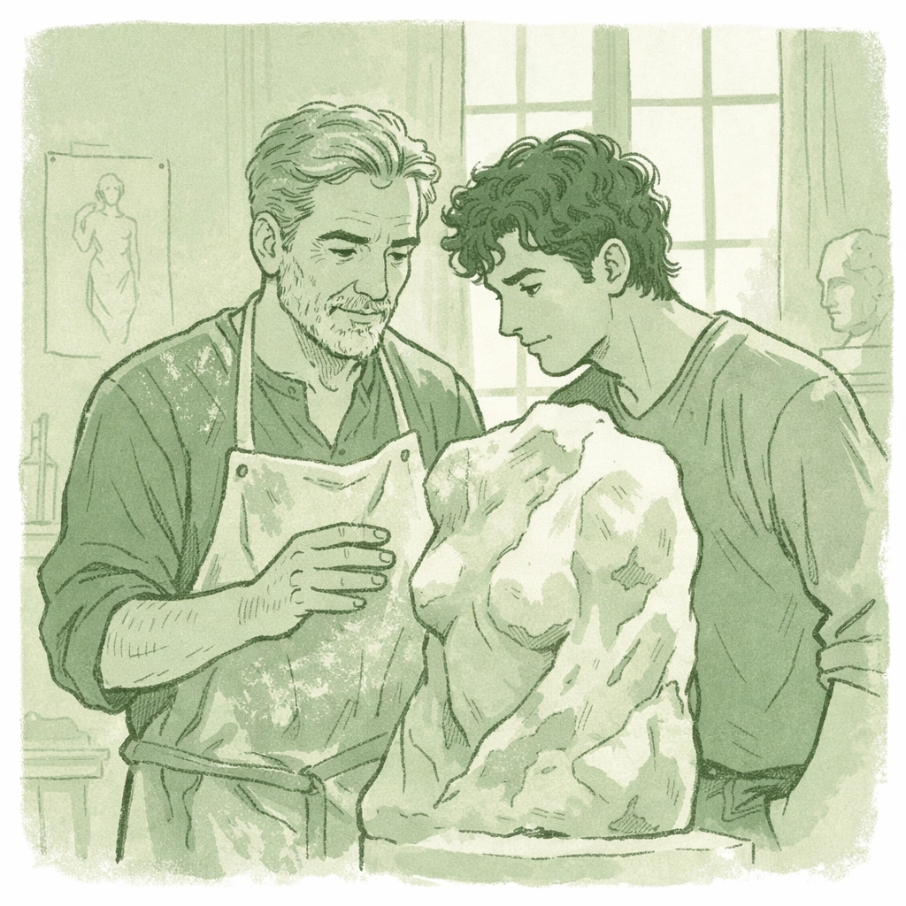 Gay sculptor and young assistant examine marble sculpture in Italian art studio - MM romance fiction