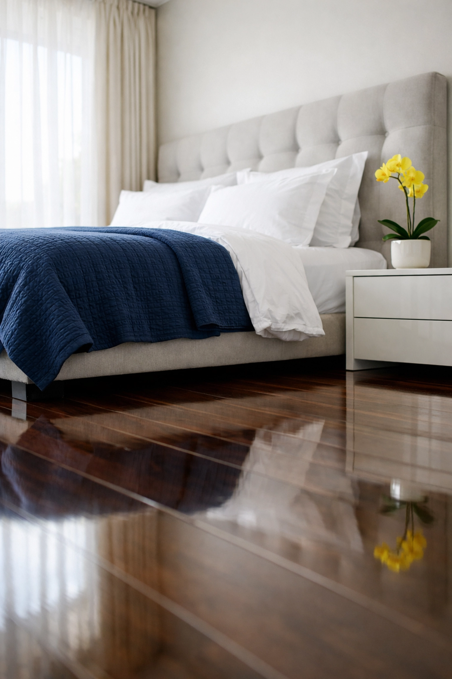 Deep-cleaned bedroom with polished floors following a professional House Cleaning Belmont MA service.