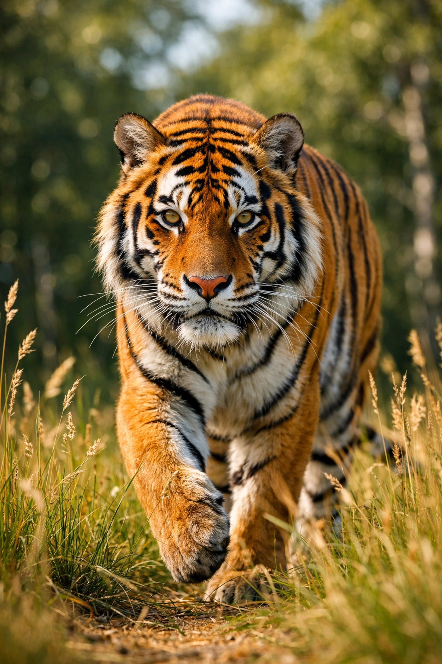 Majestic Bengal tiger walking through tall grass representing high-quality wildlife conservation narratives.