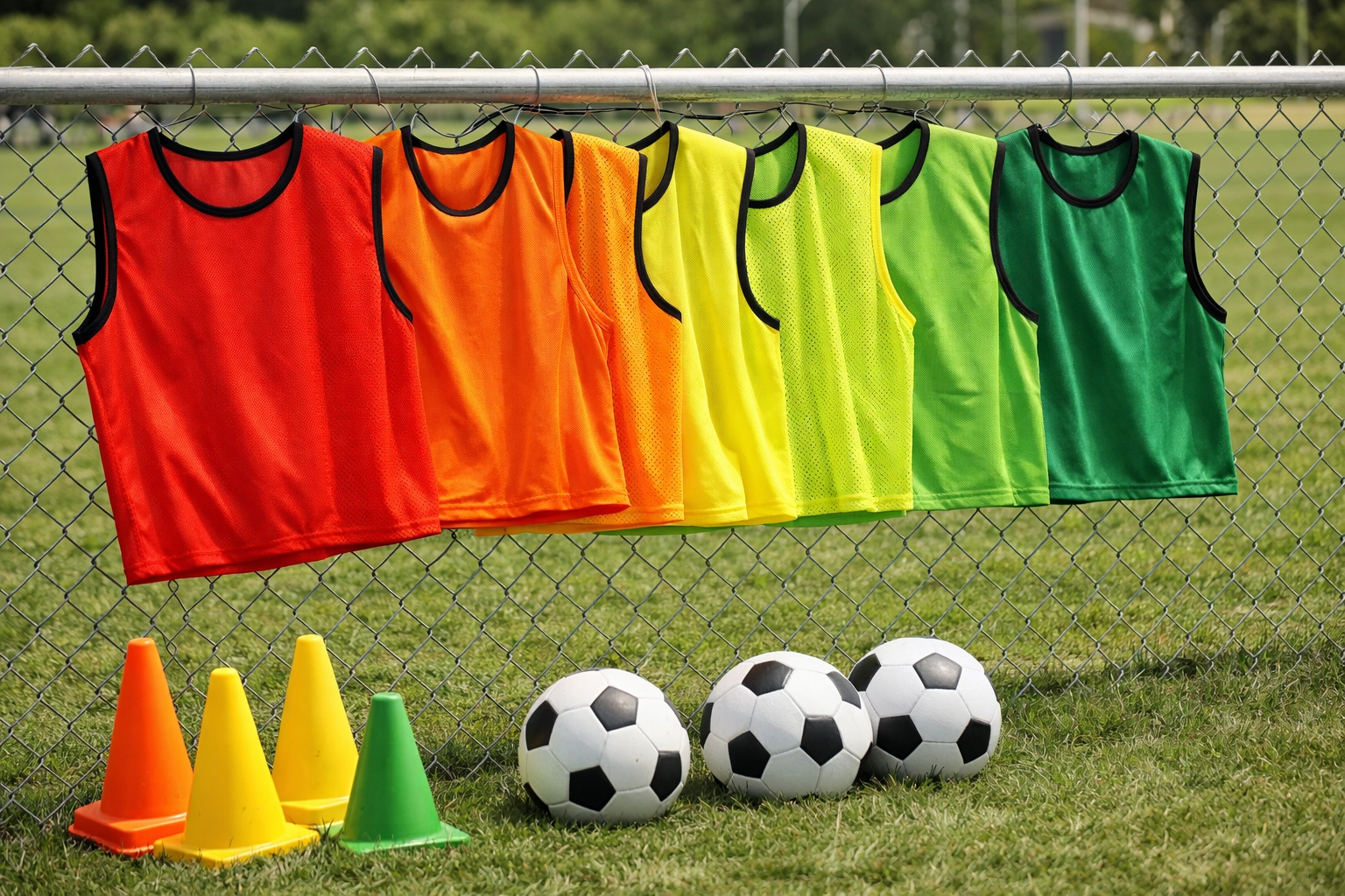 Colorful training bibs displaying quality differences between budget and premium coaching gear