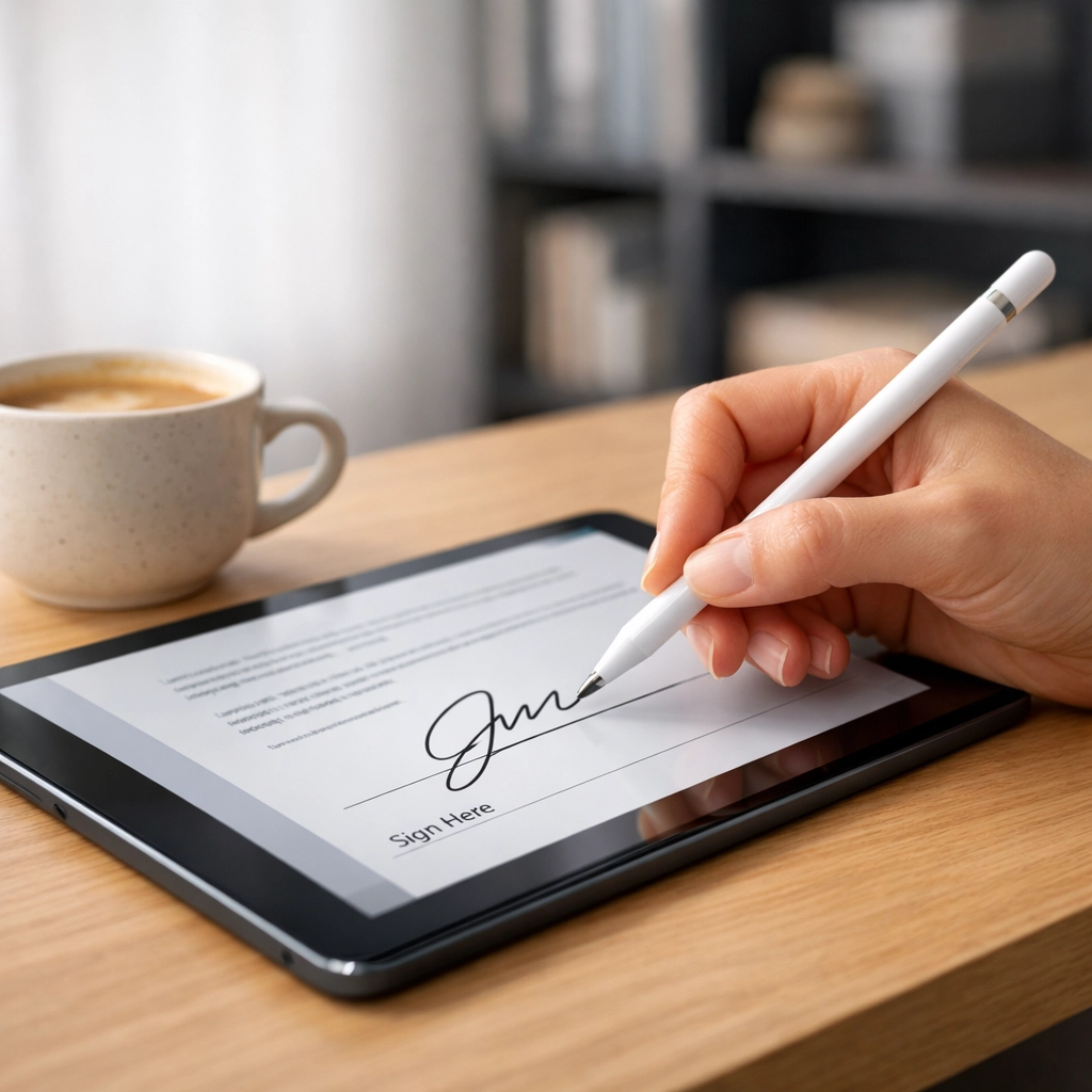 Tax professional using a stylus on a tablet for digital e-signatures and efficient Ohio tax filing.