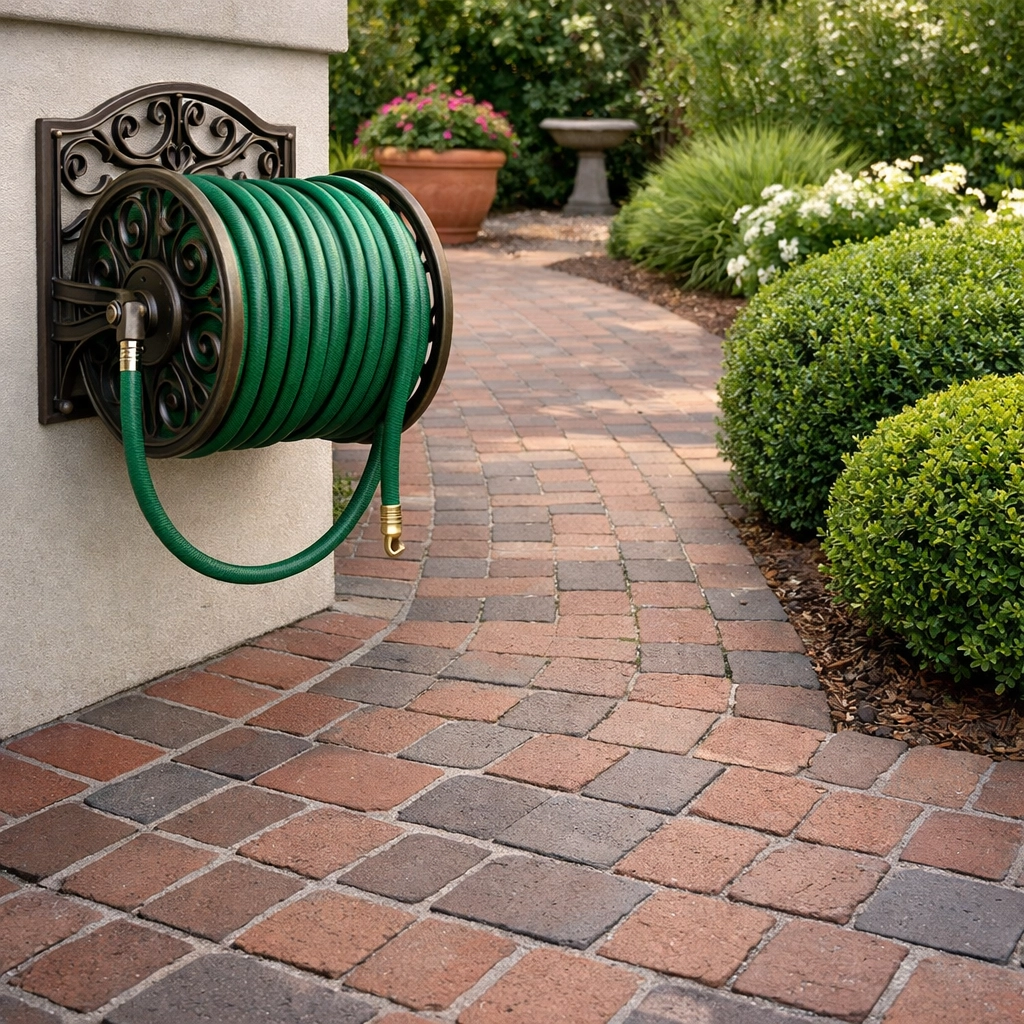 Garden hose neatly stored on a wall reel to keep the patio clear of trip hazards for seniors.