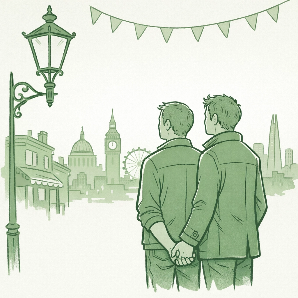 Two men standing in Soho, London, representing the strength and resilience found in heartfelt gay fiction.