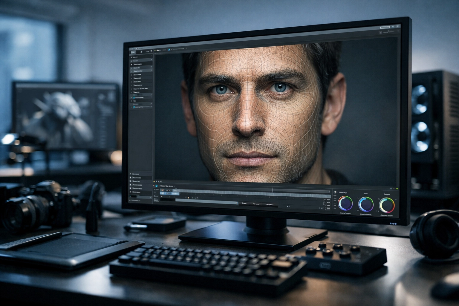 Realistic digital human face on a monitor representing AI-generated roles and digital IP assets.