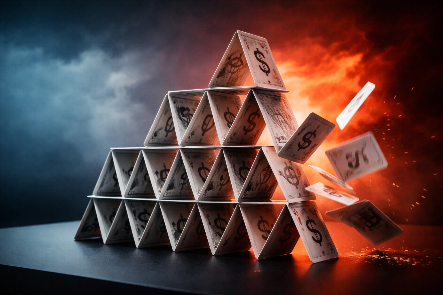 A house of cards with financial symbols collapsing, visualizing portfolio risk and correlation during financial crises for investor stress testing.
