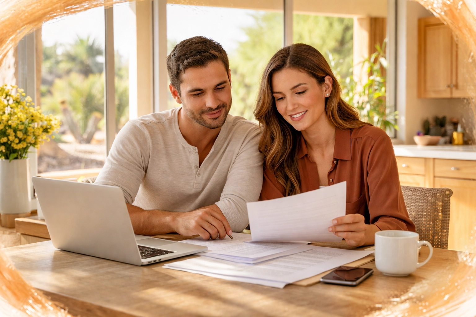 A young couple reviews home buying documents at a kitchen table in a sunny Arizona home, showing confidence through preparation. A young couple reviews home buying documents at a kitchen table in a sunny Arizona home, showing confidence through preparation.