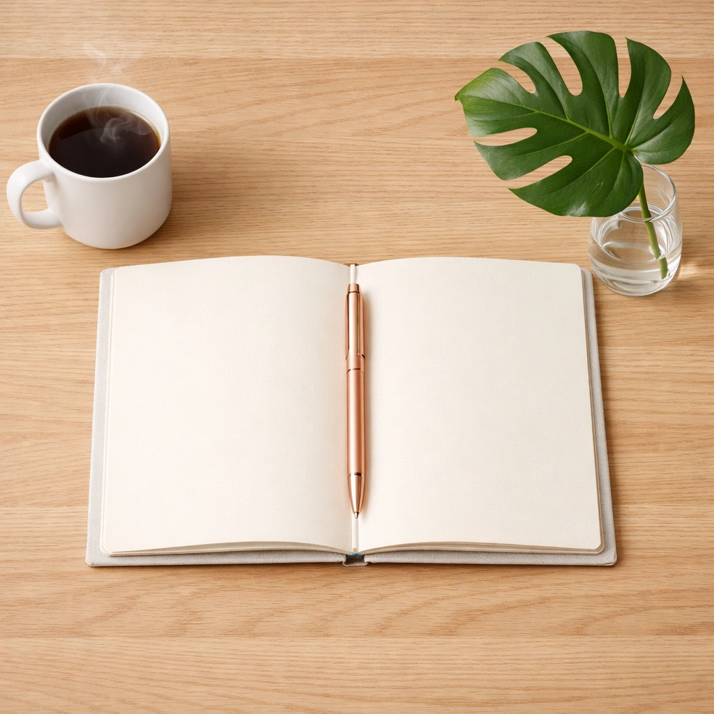 A clean minimalist desk with a notebook and coffee, symbolizing mental clarity and healthy boundaries.