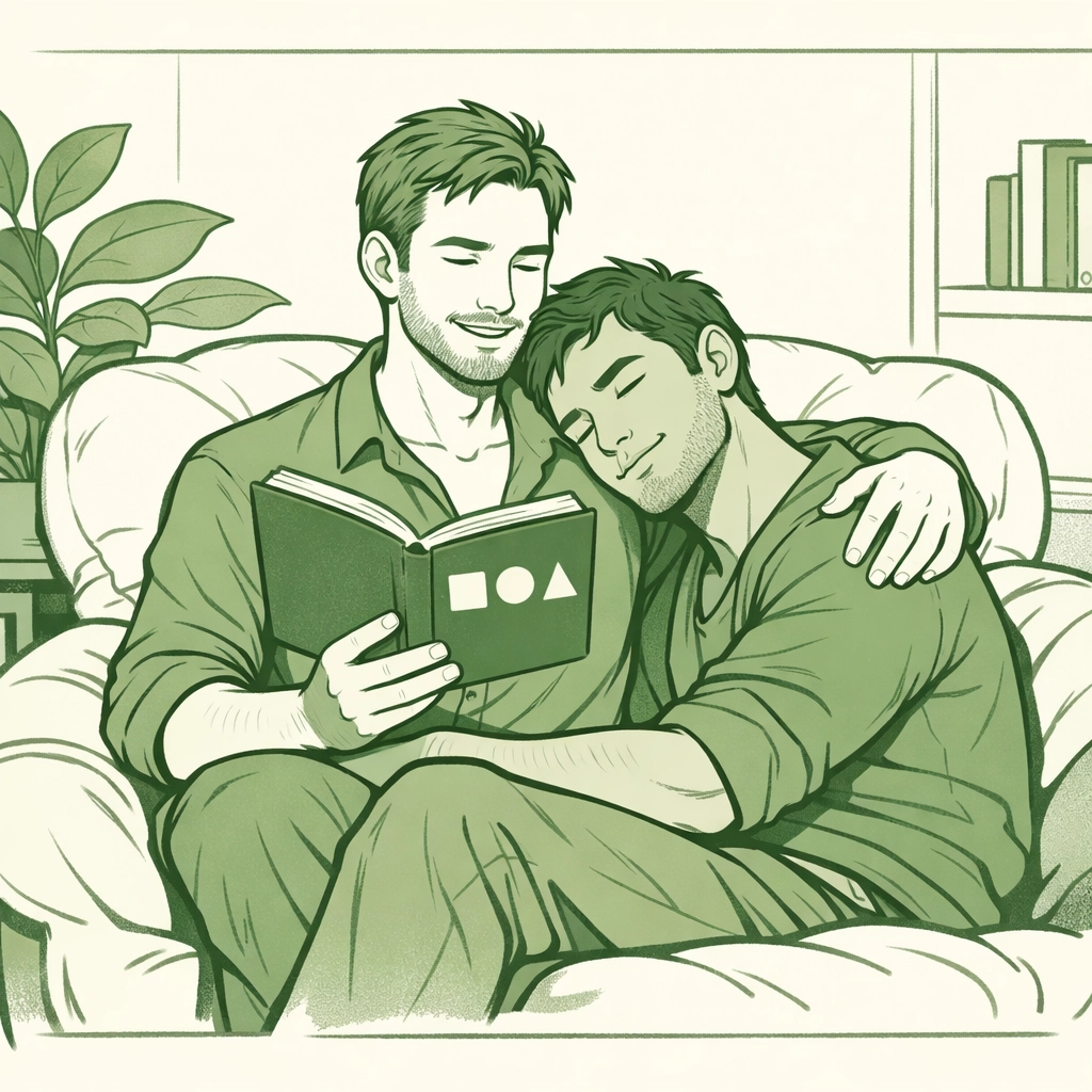 Two men reading together in a cozy chair, finding comfort while exploring non-binary identity