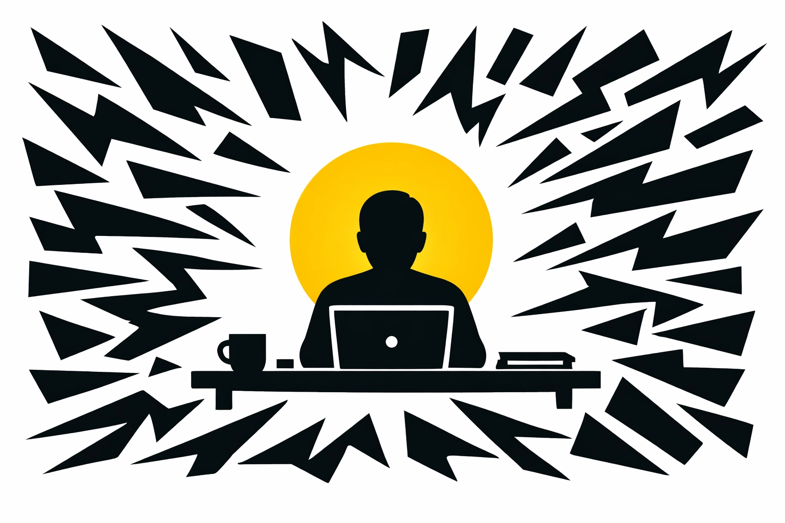 Minimalist illustration of a manager regaining focus amidst office interruptions using HRIS self-service tools.