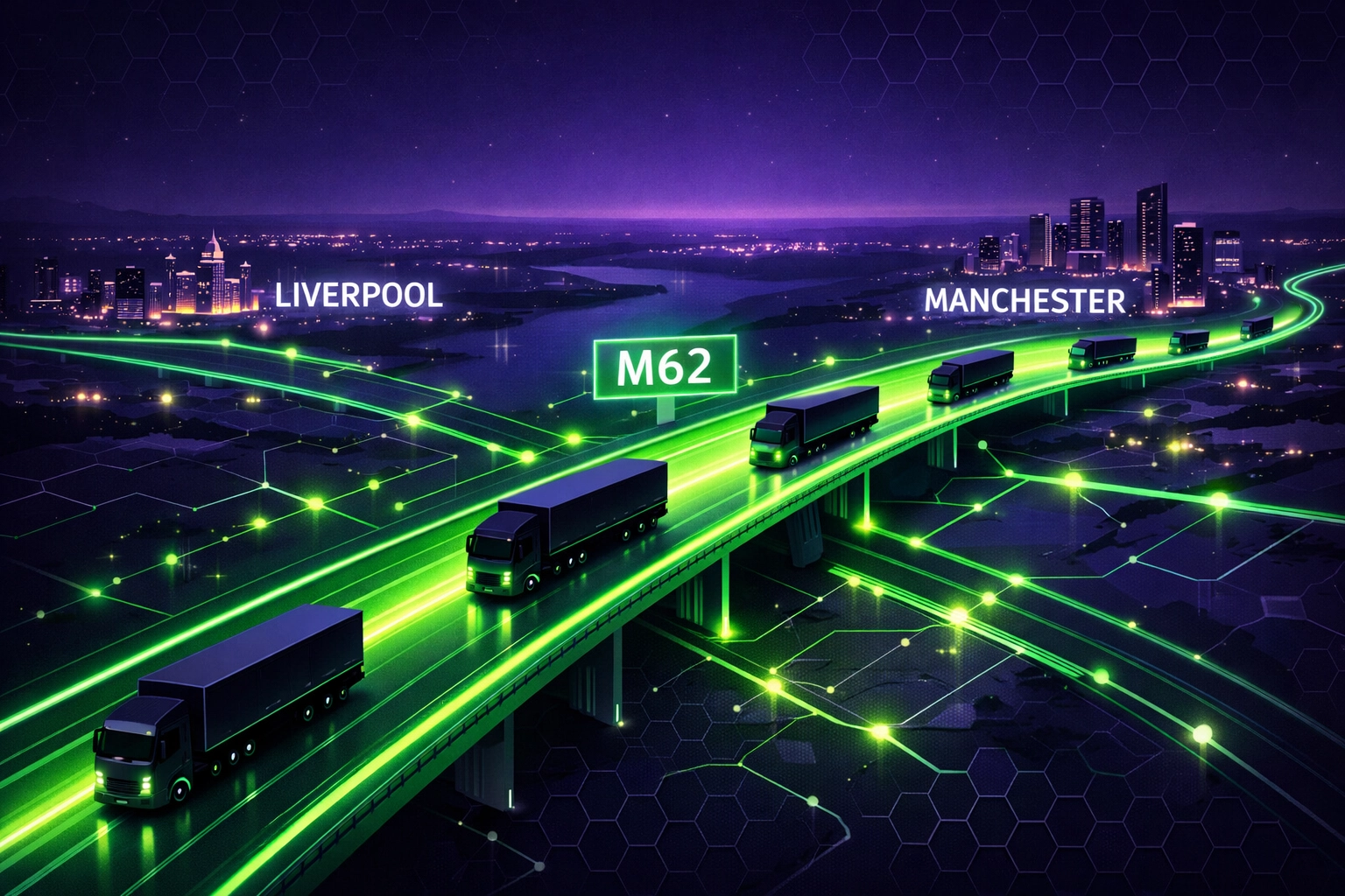 Map illustration of HGV freight routes between Liverpool and Manchester on the M62 corridor.