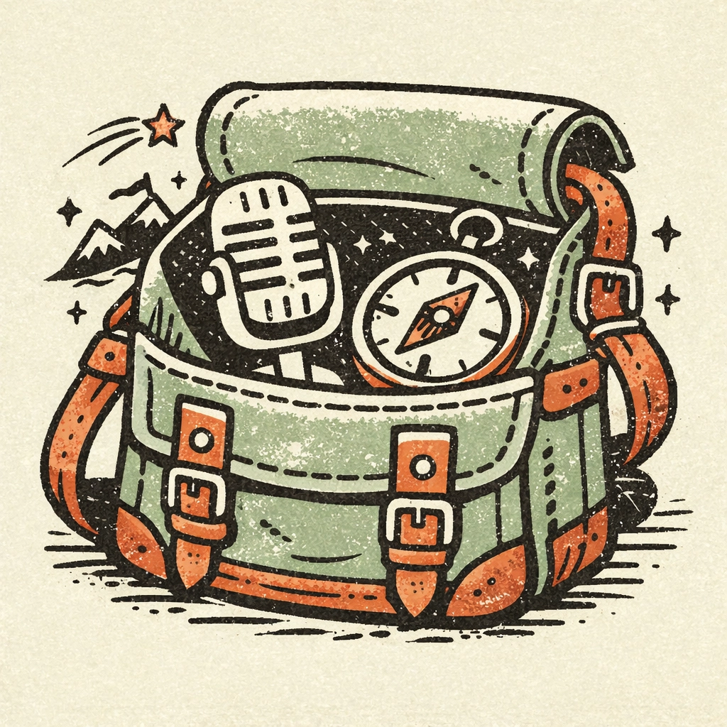 Line drawing of an explorer's satchel with a microphone and compass, representing a podcast launch kit strategy.