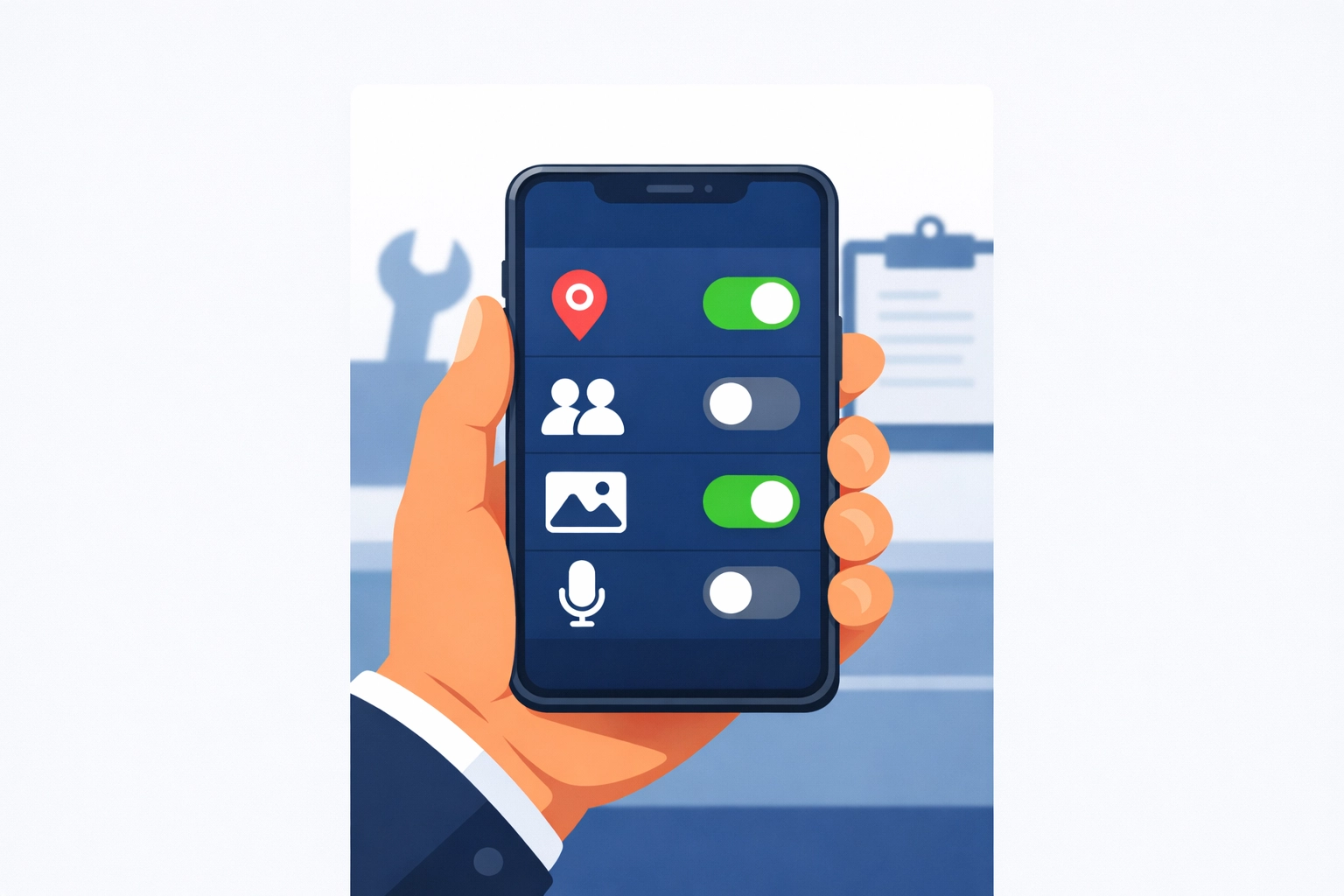 Illustration of a smartphone screen managing privacy settings and app permissions for a trade business.